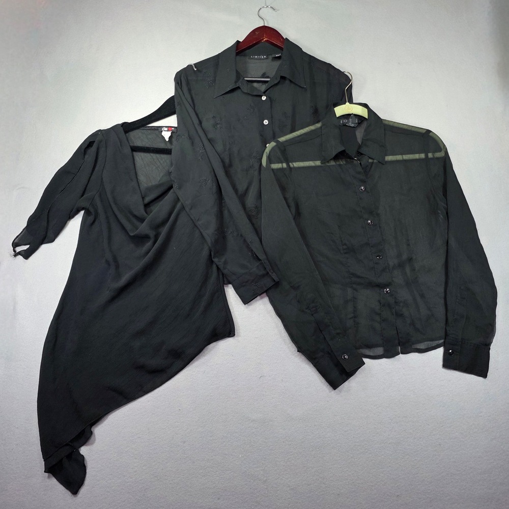 Lot of 3 Black Tops Express Sheer Blouse The Limited Jacquard One Heart Cowl S M